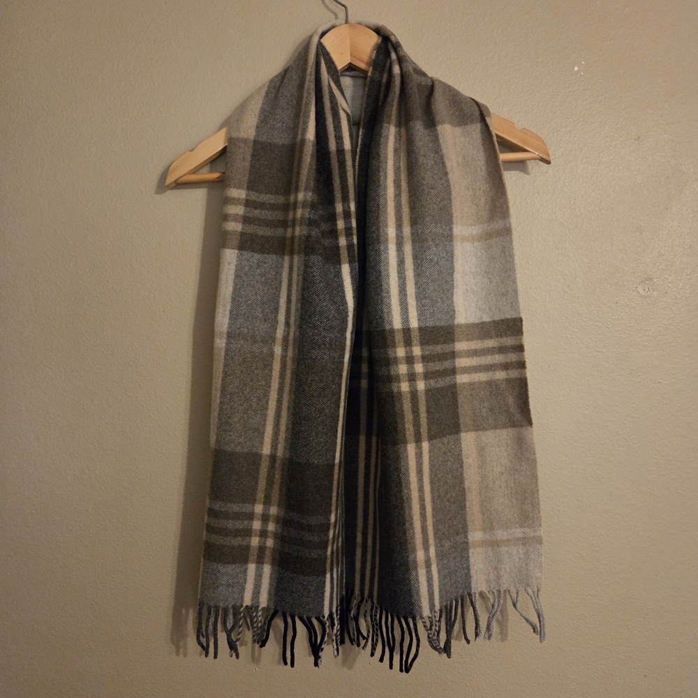 JoS.A.Banks Nuetral Tone Tartan Plaid 100%‎ Cashmere Fringed Scarf Men's OS